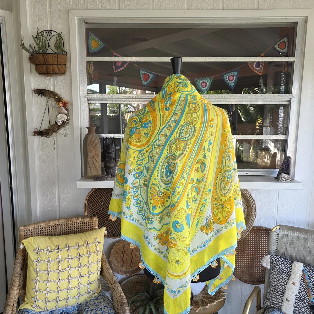 Vintage Huge Scarf Wrap Crochet Trim Resortwear Yellow Paisley Scarf
